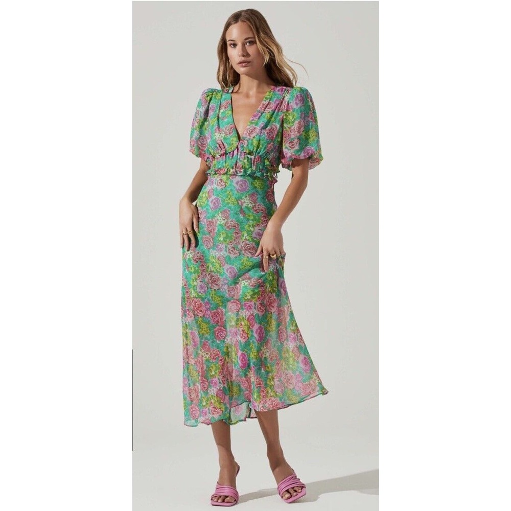 Astr Green Floral Mini Dress with Pink and Purple Roses